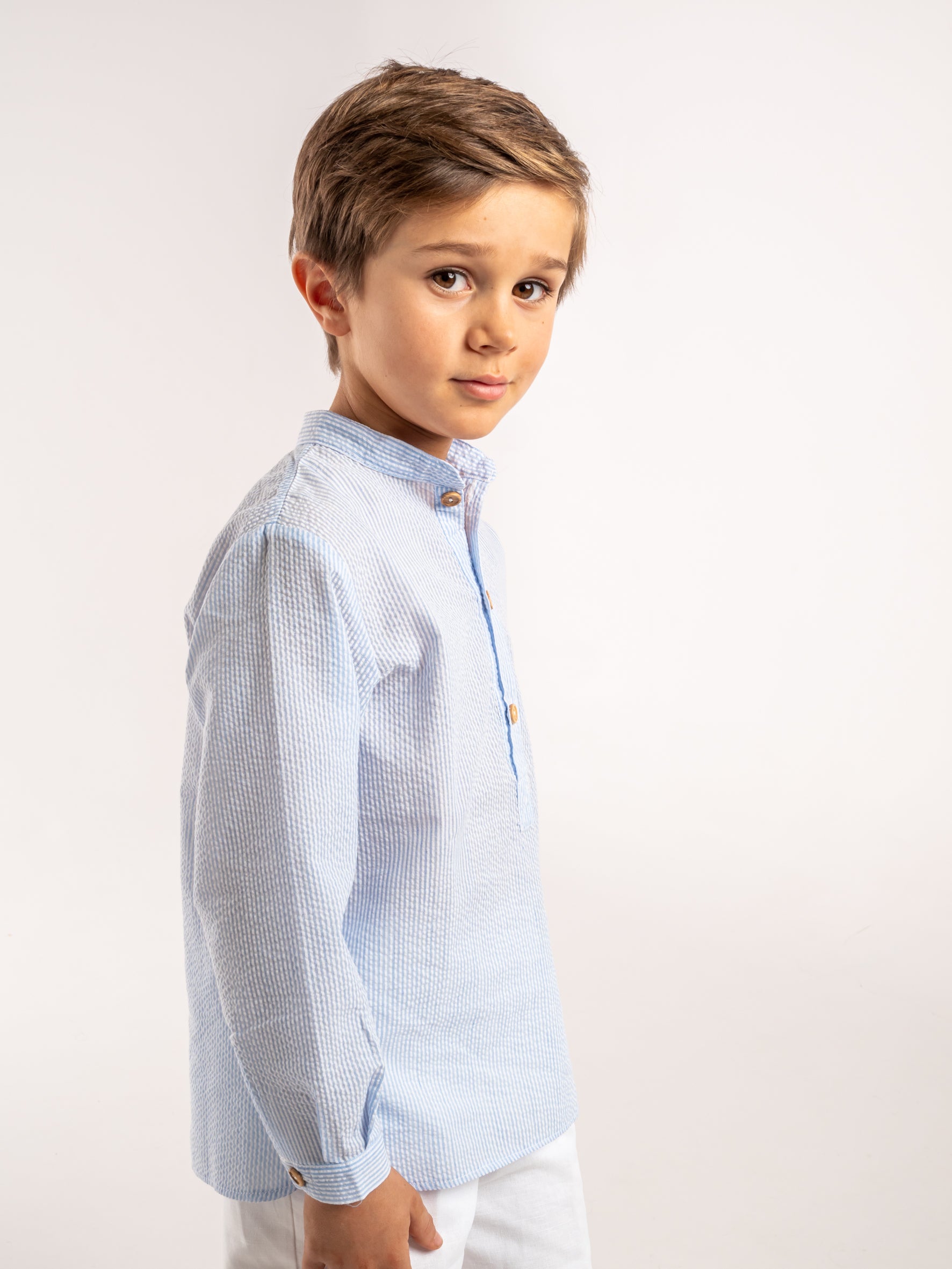 Chemise mao rayée bleue