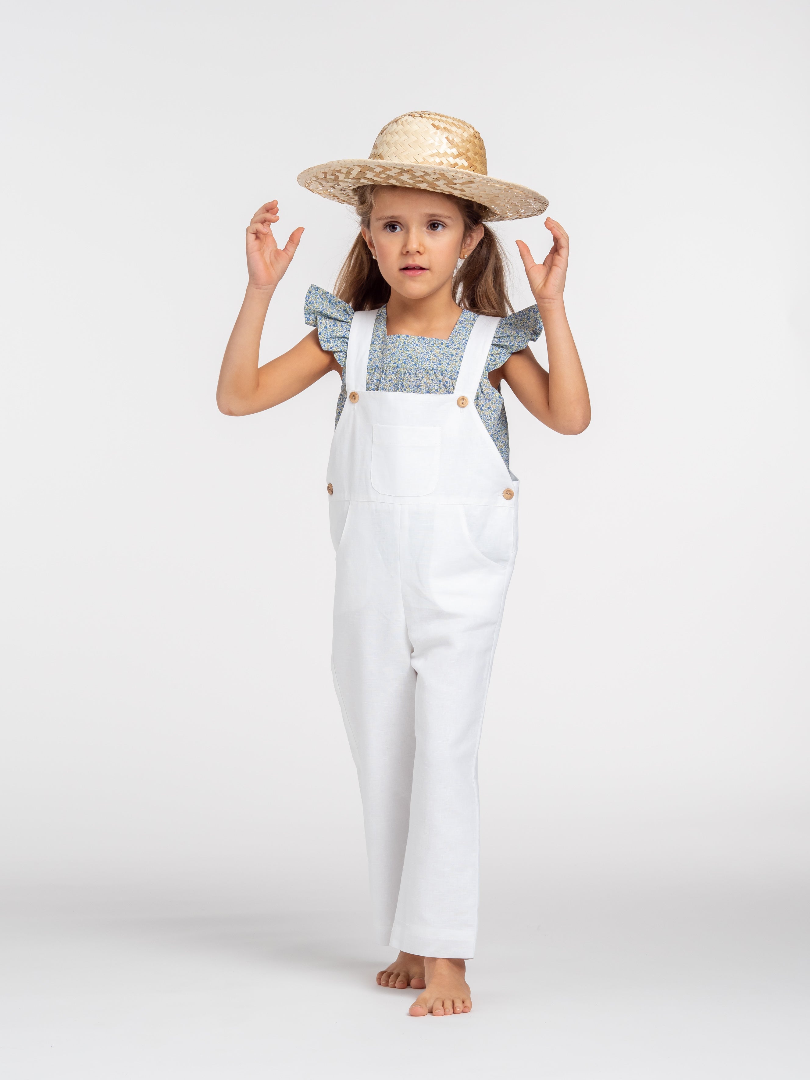 Long white linen dungarees