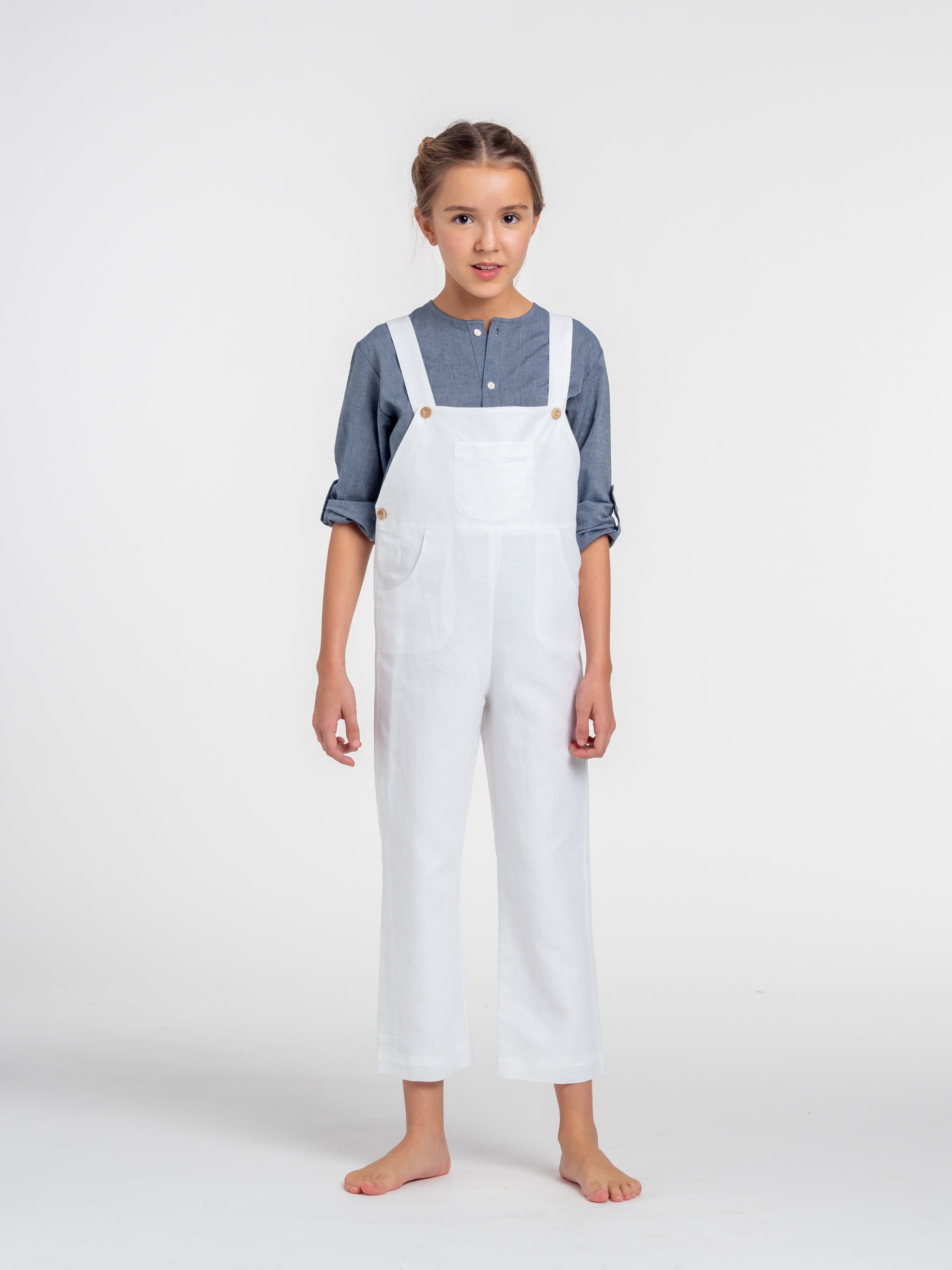 Long white linen dungarees