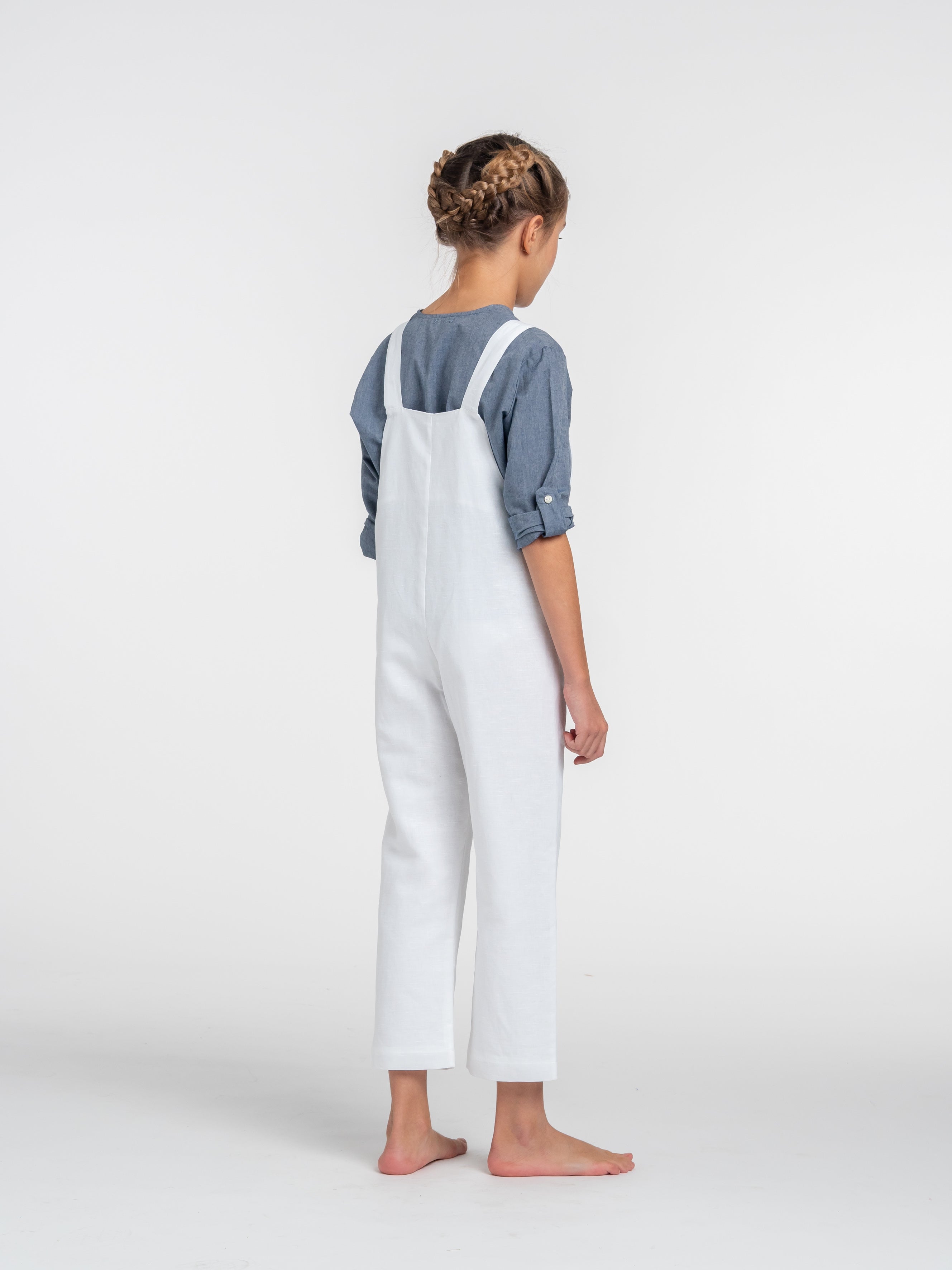 Long white linen dungarees