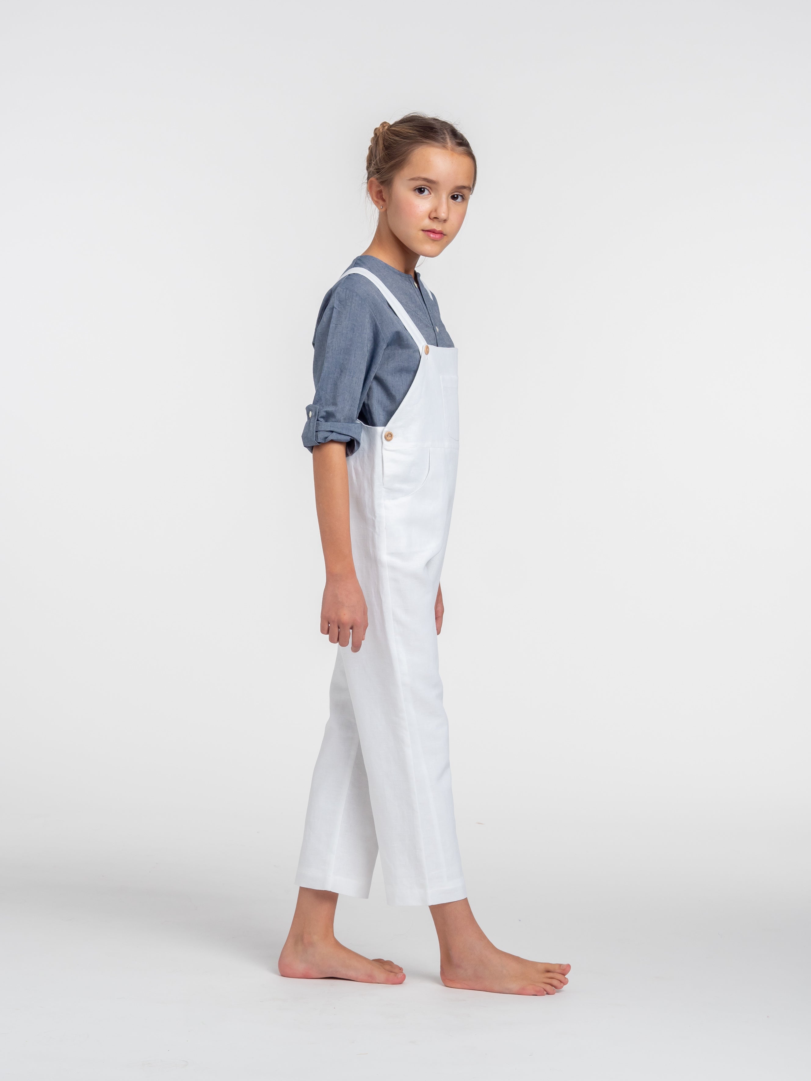 Long white linen dungarees