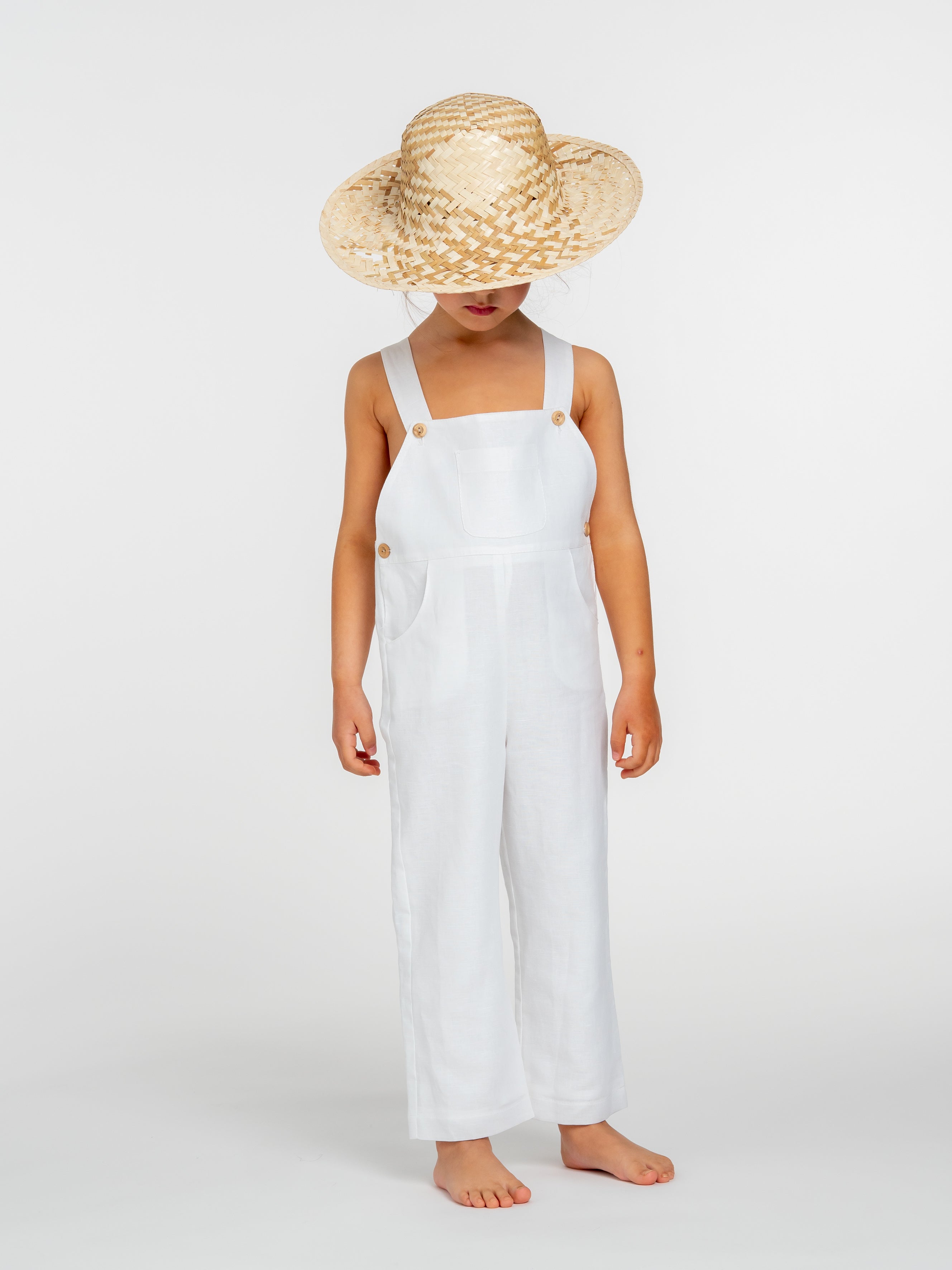 Long white linen dungarees